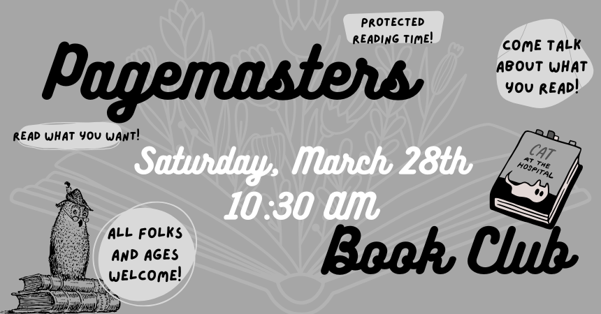 A cartoon owl perches on a stack of books while in the background, a lovely bouquet of flowers grows from an open book