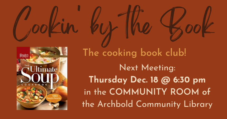 A copy of Reader's Digest &quot;The Ultimate Soup Cookbook&quot; floats underneath the title of the book club: Cookin' by the Book