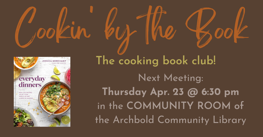 Information about where and when the book club meets alongside an image of the cover of Jessica Merchant's cookbook, "Everyday Dinners"