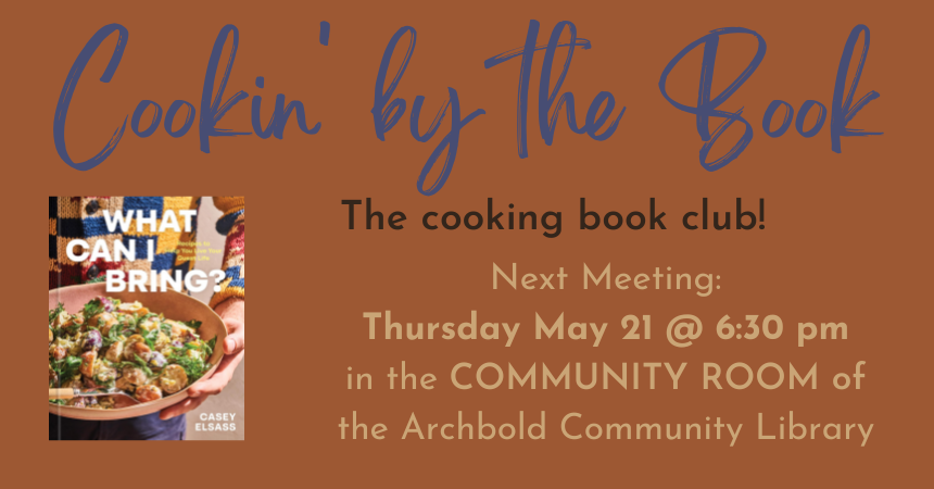 Information about where and when the book club meets alongside an image of the cover of Casey Elsass's cookbook, "What Can I Bring?"