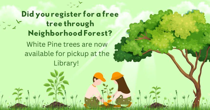 Two faceless people plant a tree in the shade of a much larger tree.