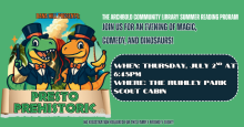 Two dinosaurs in suits, ties, and top hats in front of an erupting volcano