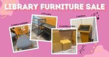 four photos of chairs, TV carts, wooden cubes, and a podium surrounded by a pretty pink background with various design elements