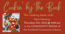 A copy of Alexandra Stafford's book "Pizza Night" floats beside the title of the book club: Cookin' by the Book
