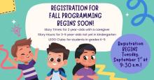3 cartoon children are happy to plan ahead for library programming!