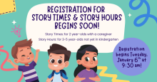 Three cartoon children are very excited for their grownup to register them for library programs!