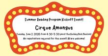 Information about the Summer Reading Program Kickoff Event is surrounded by bright circus lights