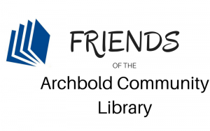 Friends of the Archbold Community Library logo featuring blue abstract book pages